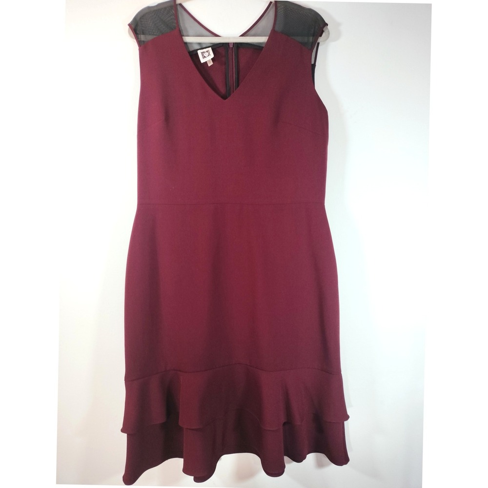 Anne Klein Sleeveless V-Neck Tiered Flounce Hem Dress‎ w/Sheer Mesh Shoulders